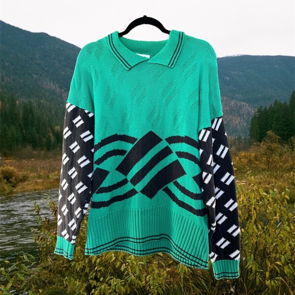 Teal and Black Patterned Collared Sweater - Picture 1 of 9